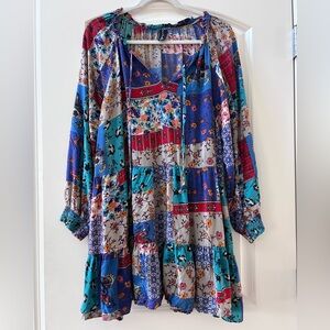 Sacred Threads Patchwork Granola Boho Tiered Ruffle Mini Dress/Tunic. Hippiechic